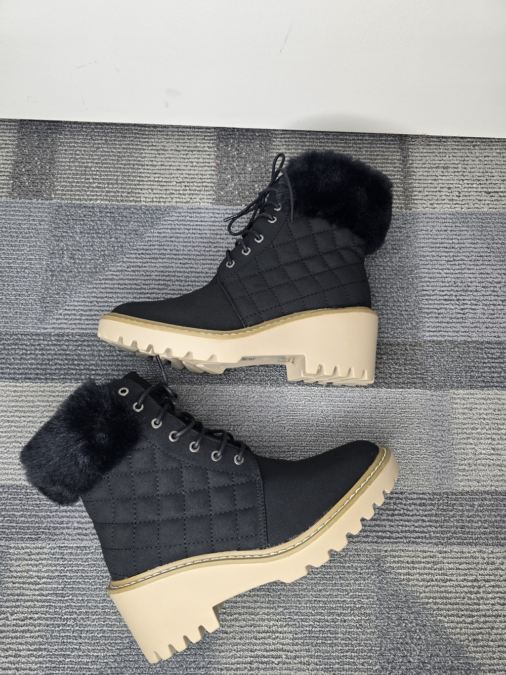 Nicole Miller Black Quilted Faux-Fur Lace-Up Ankle Boots with Tan Lug Sole